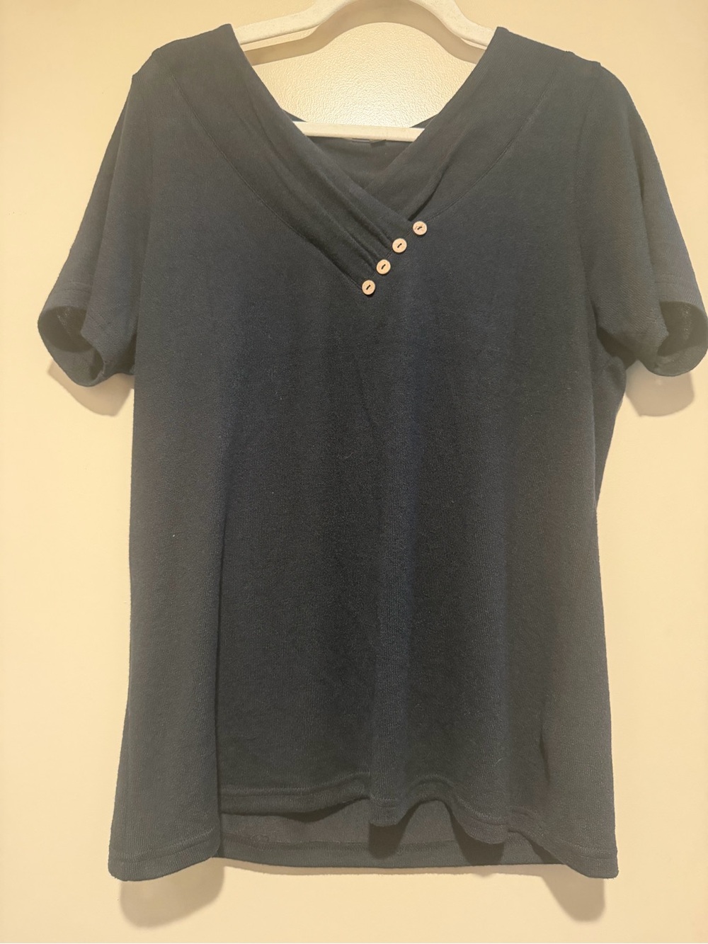 Womens Short-Sleeve V-Neck Top with Accent Buttons